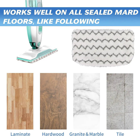Six Pack Thickened Steam Mop Replacement Pads For S1000 Series Cleaners shown with various floor types including laminate and tile.