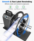 Kickass Heavy Duty Automatic Label Rewinder With Eight Speed Levels And Two Way Rewinding Tech For Coreless Rolls and Fits All Standard One Point Five Three Inch Cores No Hassle Setup showing smooth label rewinding in action.