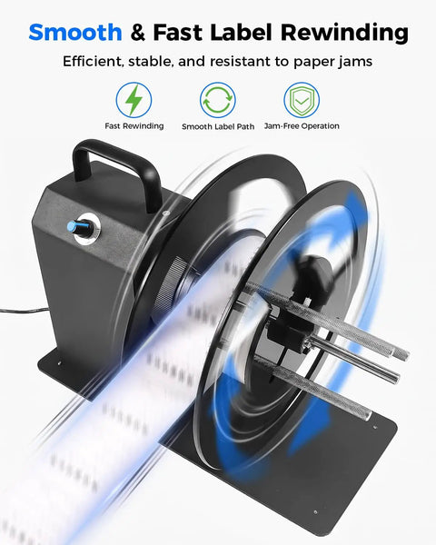 Kickass Heavy Duty Automatic Label Rewinder With Eight Speed Levels And Two Way Rewinding Tech For Coreless Rolls and Fits All Standard One Point Five Three Inch Cores No Hassle Setup showing smooth label rewinding in action.