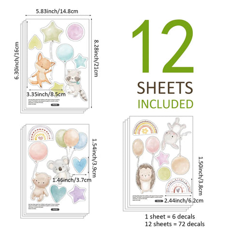 Self Adhesive Boho Sunrise Wall Decals Half Sun Set Of 12 Sheets PVC Not Removable Kid Friendly Bedroom Decor For Nursery Playroom Walls Rustic Country Sun Art Stickers. Image shows 12 sheets with colorful animal and balloon designs, each sheet dimension displayed.