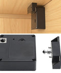 Seamless NFC Electronic Drawer Lock With Discreet Invisible Cabinet Mount showing lock mechanism and install angle on wood.