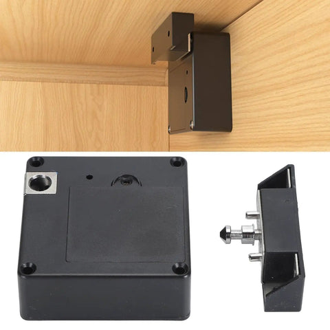 Seamless NFC Electronic Drawer Lock With Discreet Invisible Cabinet Mount showing lock mechanism and install angle on wood.