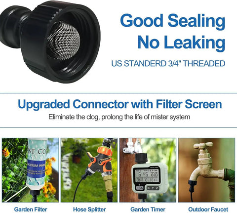 Outdoor Patio Misting Kit 50 Foot Hose Cooling System connector with filter screen for backyard use, prevents clogging.