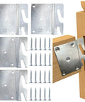 Universal Bed Frame Brackets With Heavy Duty Zinc Coated Iron Bed Rail Hook Plates For Headboard And Footboard Four Piece Hardware Kit Includes Mounting Screws, showing hooks and screws.