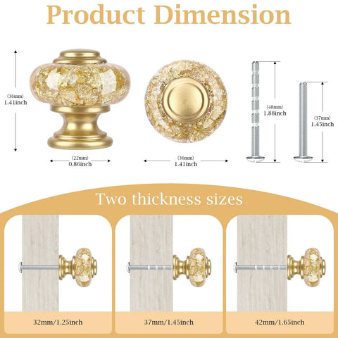 12 Pack Gold Dresser Knobs With Crystal Cabinet Drawer Pulls, Ultra Sleek Gold Hardware For Quick Home Makeovers, Easy To Install With Removable Screws, Game Changing Durable Glam Furniture Upgrade; 36mm knob, 22mm base