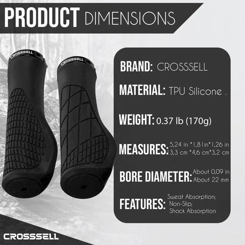 Black ergonomic MTB grips with wrist support, 22.2mm bore, shock-absorbing TPU silicone, anti-slip, for mountain and e-bikes.