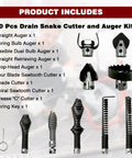 Professional Grade 10 Piece Heavy Duty Drain Snake Drill Attachment And Auger Tool Kit showing various augers and cutters.
