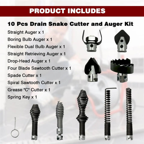 Professional Grade 10 Piece Heavy Duty Drain Snake Drill Attachment And Auger Tool Kit showing various augers and cutters.