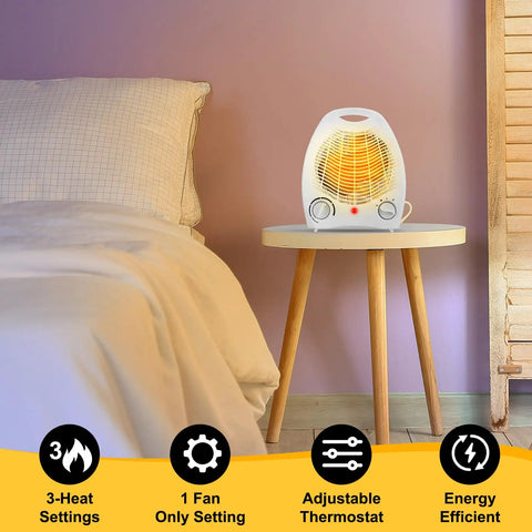2 Pack 1500W Small Space Heaters on table next to bed, portable desk heaters with three modes, overheat protection, white finish