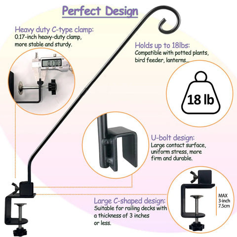 Rock Solid Heavy Duty Deck Rail Hook With 32 Inch Pole Hangs Planters Bird Feeders Lanterns And Wind Chimes Up To 15 Lbs No Sweat Install, showcasing clamp and C-shaped design.