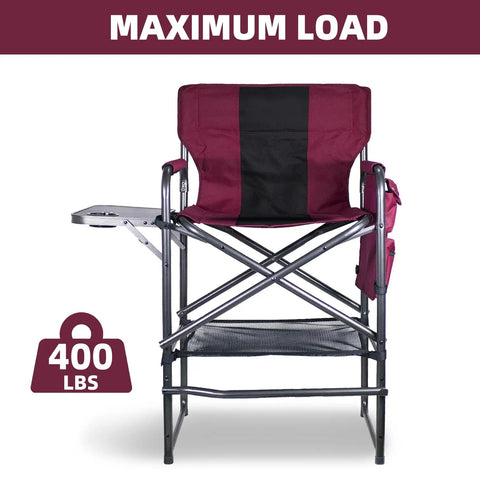 Bar Height Director Chair With Side Table 400 Lb Capacity Portable Folding Chair for Makeup Artists and Outdoor Events Wine Red and Black