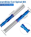 Two Pack Up Down Spiral Router Bits With One Quarter Inch Shank And One Quarter Inch Cutting Diameter Nano Blue Coated Solid Carbide CNC End Mills For Wood Carving Engraving And Milling Pro Grade Dual Action Compression Bit Set