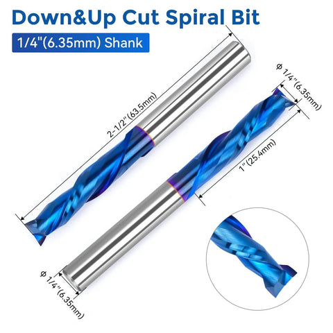 Two Pack Up Down Spiral Router Bits With One Quarter Inch Shank And One Quarter Inch Cutting Diameter Nano Blue Coated Solid Carbide CNC End Mills For Wood Carving Engraving And Milling Pro Grade Dual Action Compression Bit Set