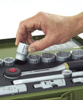 Hand holding socket from 36 Piece Socket Set with Quarter Inch Square Drive Includes 13mm Sockets Slotted Phillips Torx And Allen Bits