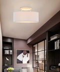 Living room with Cool Modern Stripe Fabric Pendant Light Shade 15 Inch Drum Ceiling Fixture Flush Mount With Chrome Matte Finish