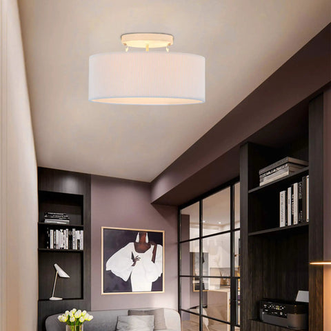 Living room with Cool Modern Stripe Fabric Pendant Light Shade 15 Inch Drum Ceiling Fixture Flush Mount With Chrome Matte Finish