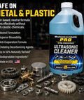 Badass Ultrasonic Cleaner And Degreaser Concentrate kit with 128 oz bottle and metal parts on a table.