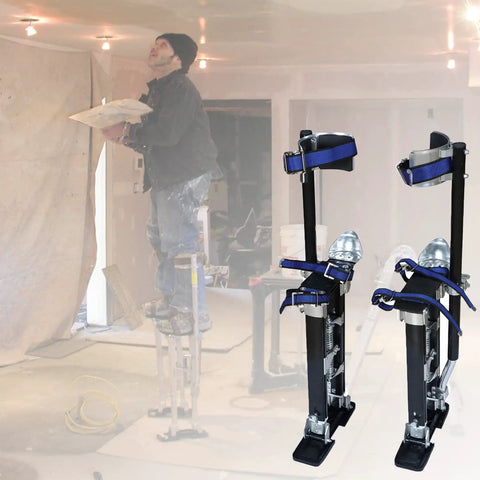 Adjustable Drywall Stilts 15 To 23 Inches For Sheetrock, Painting, and Cleaning, 225 Lb Capacity, Lightweight Aluminum displayed in use.
