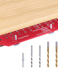 11 Hole Shelf Pin Jig With Self Clamping Hinge Drill Guide Pro Grade for cabinets, shown on wood with drill bits displayed.