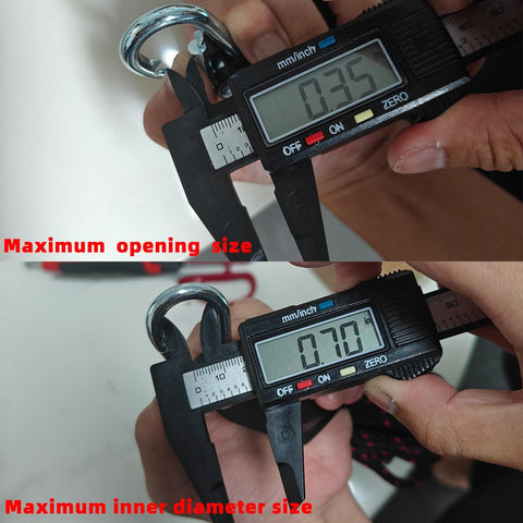 Close-up of caliper measuring ring of Ratchet Tie Down Straps Six Millimeter Nylon Rope Four Pack Twelve Foot Each Adjustable.