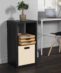 2-Cube Open Back Storage Organizer in black with sturdy frame, finished on front and back, fits 13-in fabric bins, in living space