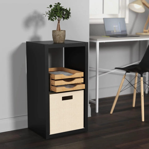2-Cube Open Back Storage Organizer in black with sturdy frame, finished on front and back, fits 13-in fabric bins, in living space