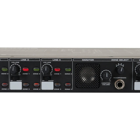 Front panel controls of Zone Four Channel Stereo Mixer For Installations With Mic Ducking, Dual CD Line Inputs, Four Zone Outputs.