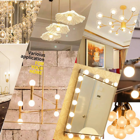 40W Equivalent E12 Frosted Globe LED Bulbs with Cozy Warm Glow 2700K for chandeliers and vanities in various room settings.