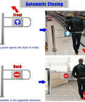 Heavy Duty Stainless Steel Safety Swing Gate With Auto Close Spring Action visible from front and back, showing access directions.