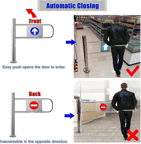 Rugged Stainless Steel Automatic Closing Swing Gate With Spring Loaded Metal Barricade For Industrial Warehouse Security Entrance shown from front and back views.