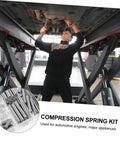 Super Cool 200 Piece Spring Kit Mix With Heavy Duty Extension And Compression Springs For Tough DIY Repairs Automotive Fix Ups, Construction Jobs, Fastening Tasks And Crafting Projects In A Handy Storage Box. man inspecting car underside with compression spring kit