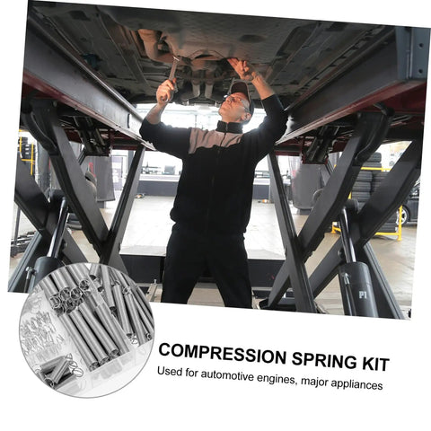 Super Cool 200 Piece Spring Kit Mix With Heavy Duty Extension And Compression Springs For Tough DIY Repairs Automotive Fix Ups, Construction Jobs, Fastening Tasks And Crafting Projects In A Handy Storage Box. man inspecting car underside with compression spring kit