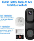2K HDR Wireless Doorbell Camera With Rechargeable Battery and Chime, showing two installation methods, wireless and wired.