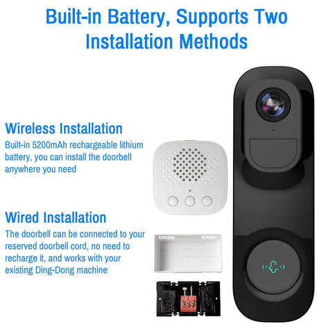 2K HDR Wireless Doorbell Camera With Rechargeable Battery and Chime, showing two installation methods, wireless and wired.