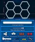 LED Hexagon Garage Light 156W 18720LM 6500K Daylight White with 24 tubes, connectors, and tools for workshop ceiling install.