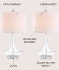 Teardrop Glass Table Lamps Set Of 2 With Clear And Chrome Finish, white linen drum shades, LED bulbs, easy assembly, rotary switch