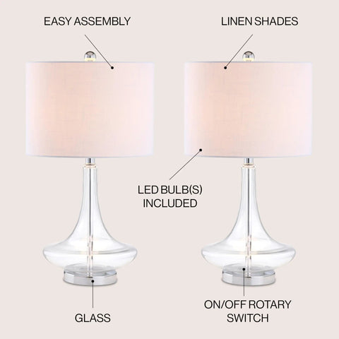 Teardrop Glass Table Lamps Set Of 2 With Clear And Chrome Finish, white linen drum shades, LED bulbs, easy assembly, rotary switch