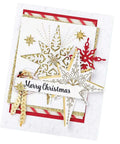 Must Have Christmas Scrapbooking Die Cuts Set With Metal Cutting Dies for card making, featuring gold and red stars on a Merry Christmas card.