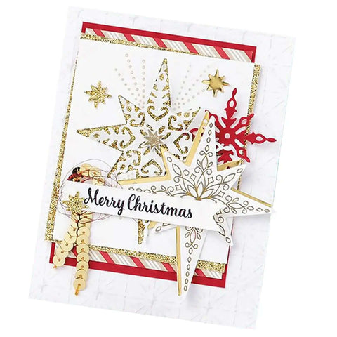 Must Have Christmas Scrapbooking Die Cuts Set With Metal Cutting Dies for card making, featuring gold and red stars on a Merry Christmas card.