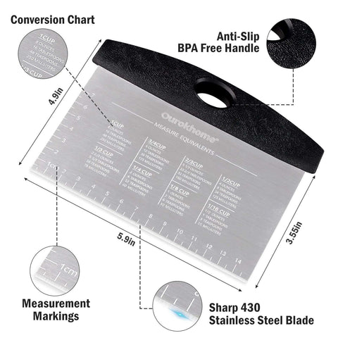 Ourokhome pastry bench scraper stainless steel blade with measurement marks conversion chart black anti-slip handle 2-pack