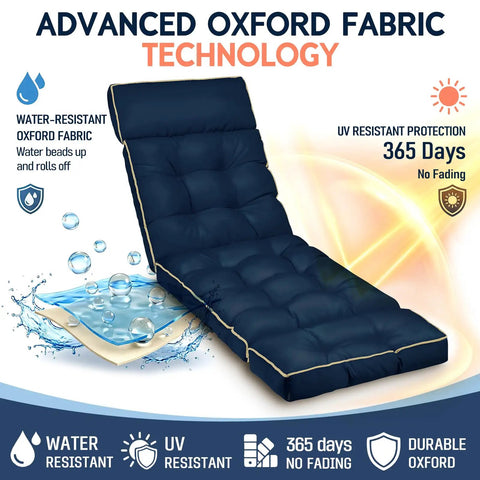 Outdoor Chaise Lounge Cushion With Memory Foam Replacement For Patio Pool Lounge Chair Pad With Ties 74 By 22 By 4 Inches Oxford Blue