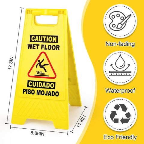 8 Pack Caution Wet Floor Signs, 17.5 Inch Yellow Safety Warning Signs For High Traffic Areas, bilingual, double-sided with icon