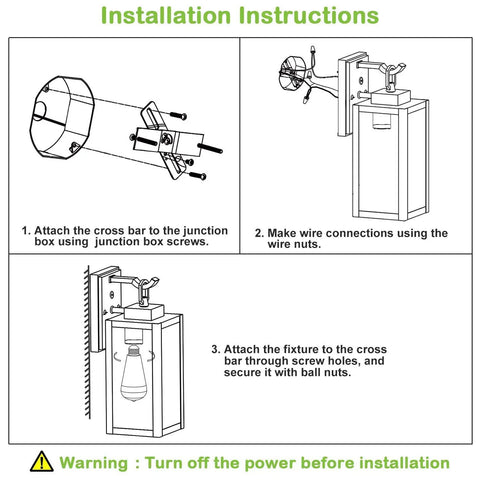 Installation instructions for 18 Inch Outdoor Wall Light With Dusk To Dawn Sensor, diagrams showing mounting and wiring steps.