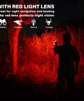 Person using 6000 Lumen Waterproof Marine Spotlight With Rechargeable LED Battery, Detachable Red Filter, night scene with red light.