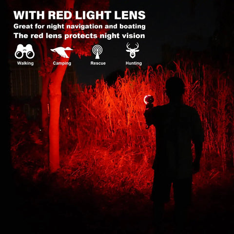 Person using 6000 Lumen Waterproof Marine Spotlight With Rechargeable LED Battery, Detachable Red Filter, night scene with red light.