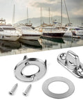 Close-up of 20-piece stainless steel twist-lock fasteners set with eyelets and studs for canvas/marine use.