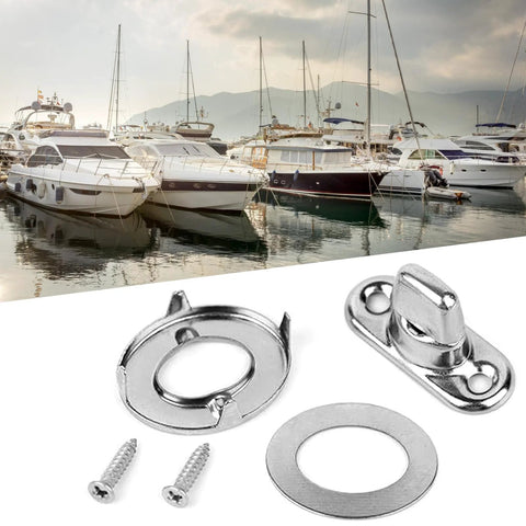 Close-up of 20-piece stainless steel twist-lock fasteners set with eyelets and studs for canvas/marine use.