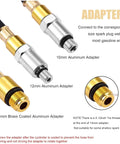 Automotive cylinder leak-down tester with dual gauges and three adapters (10mm, 12mm, 14mm) for spark plugs.