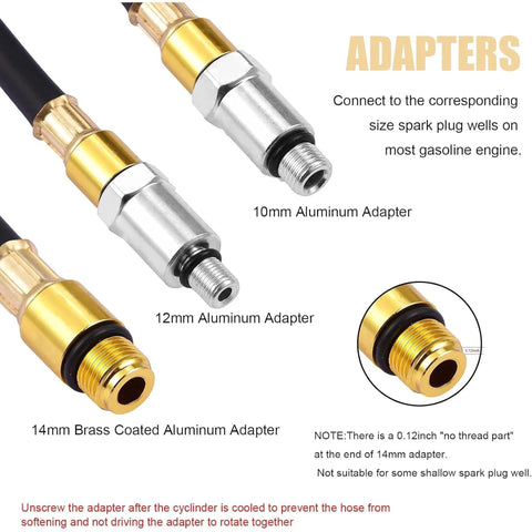 Automotive cylinder leak-down tester with dual gauges and three adapters (10mm, 12mm, 14mm) for spark plugs.