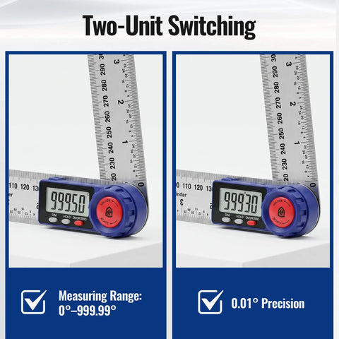 Rock Solid Digital Angle Finder With A Slick Stainless Steel Frame And Smooth 360 Degree Rotation For Zero Hassle Layout Work Plus A Handy Folding Straight Ruler For Fast Job Site Prep showing two-unit switching and precision readings.